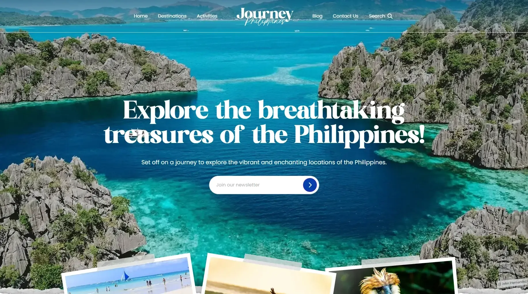 Journey Philippines homepage over a tropical cove, with a newsletter signup and taped travel photos