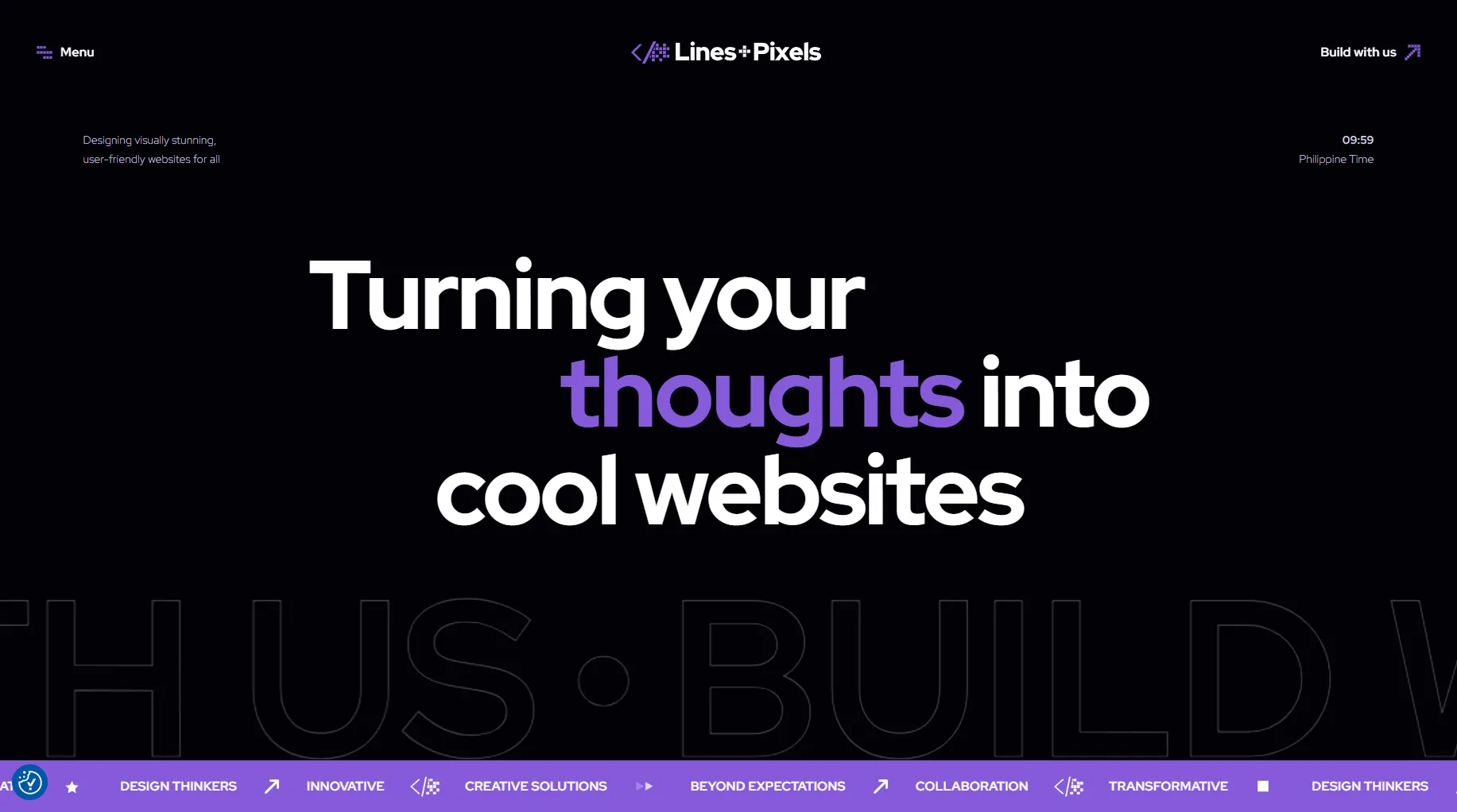 Lines + Pixels homepage with the headline Turning your thoughts into cool websites