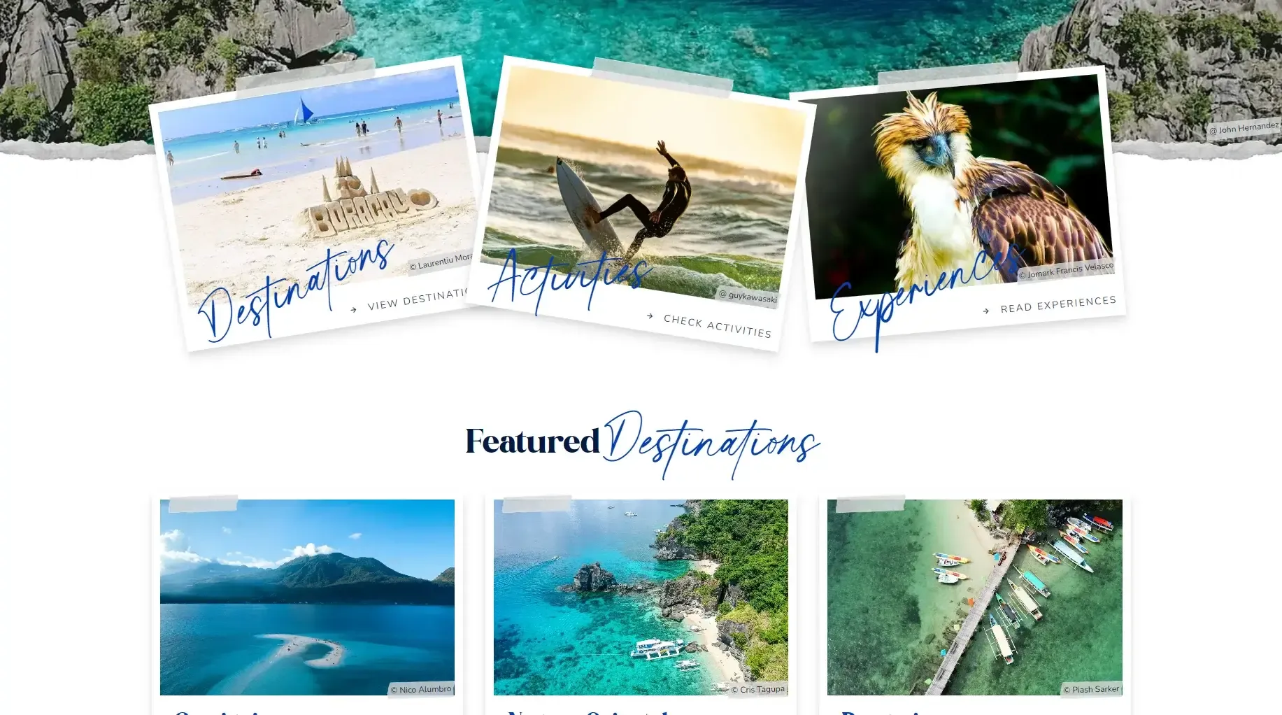 Scrapbook cards for destinations, activities, and experiences, above featured destination photos