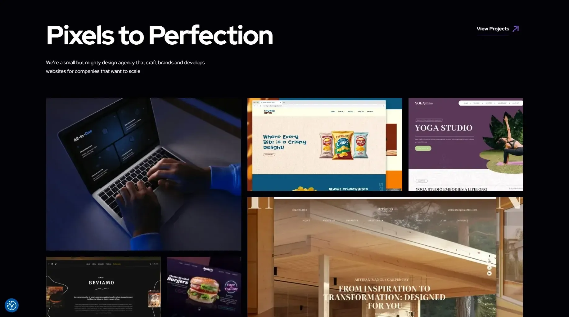 Pixels to Perfection section with a grid of client website designs