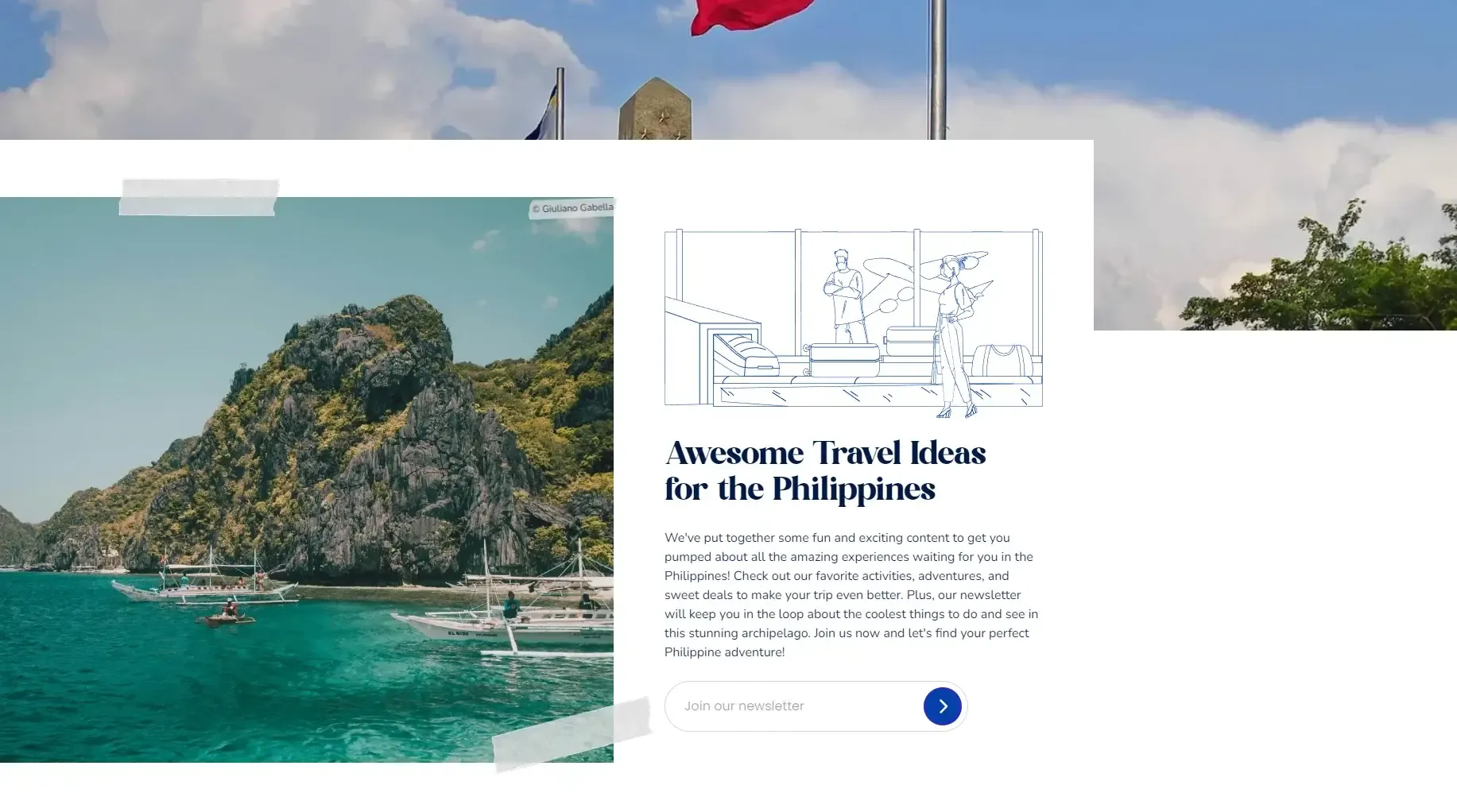 Travel ideas section with a taped boat photo and a newsletter signup