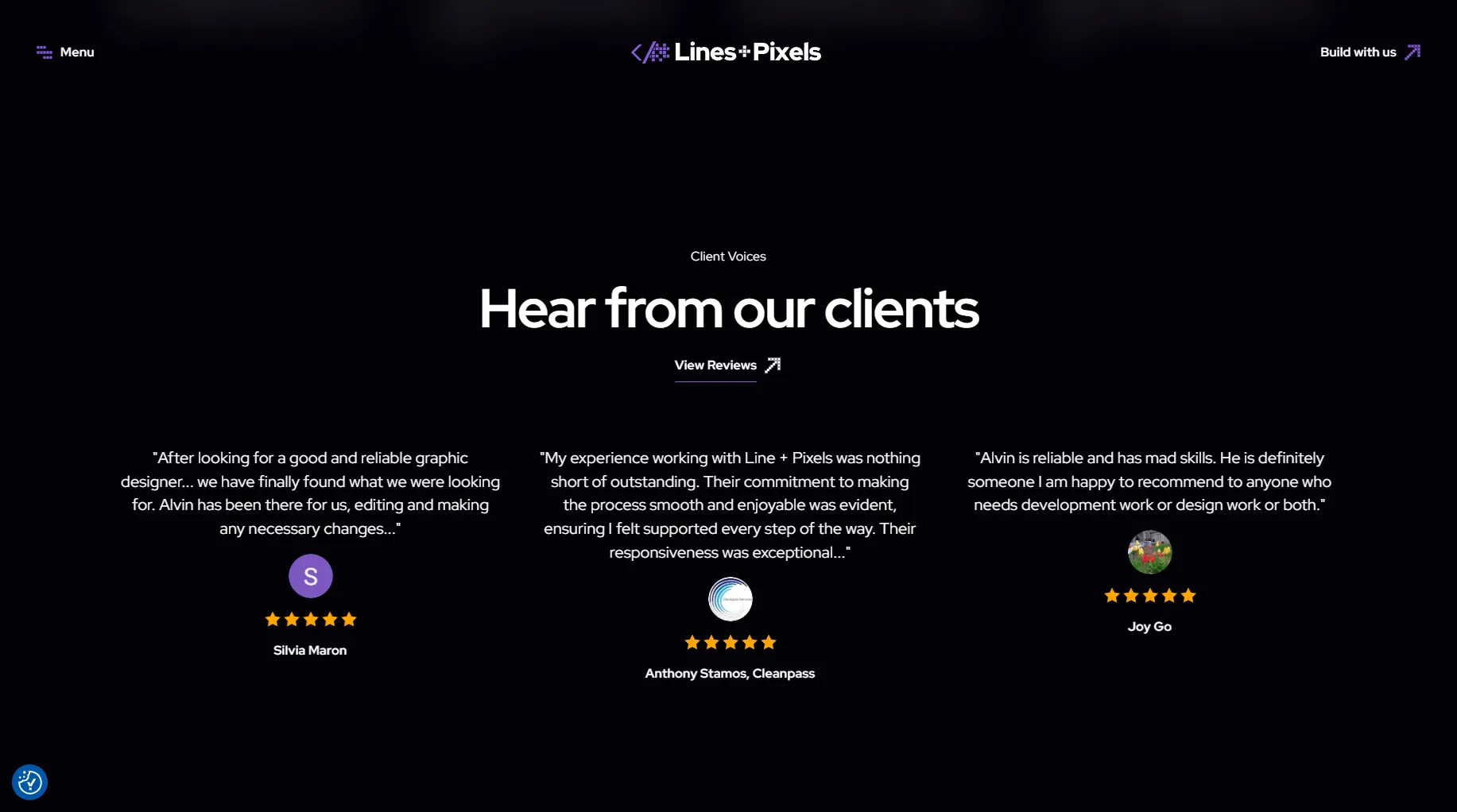 Client voices section with reviews for Lines + Pixels