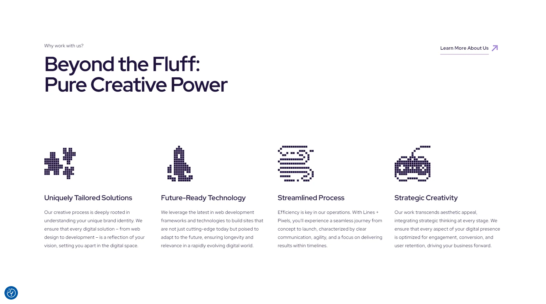 Why work with us section covering tailored solutions, technology, process, and creativity