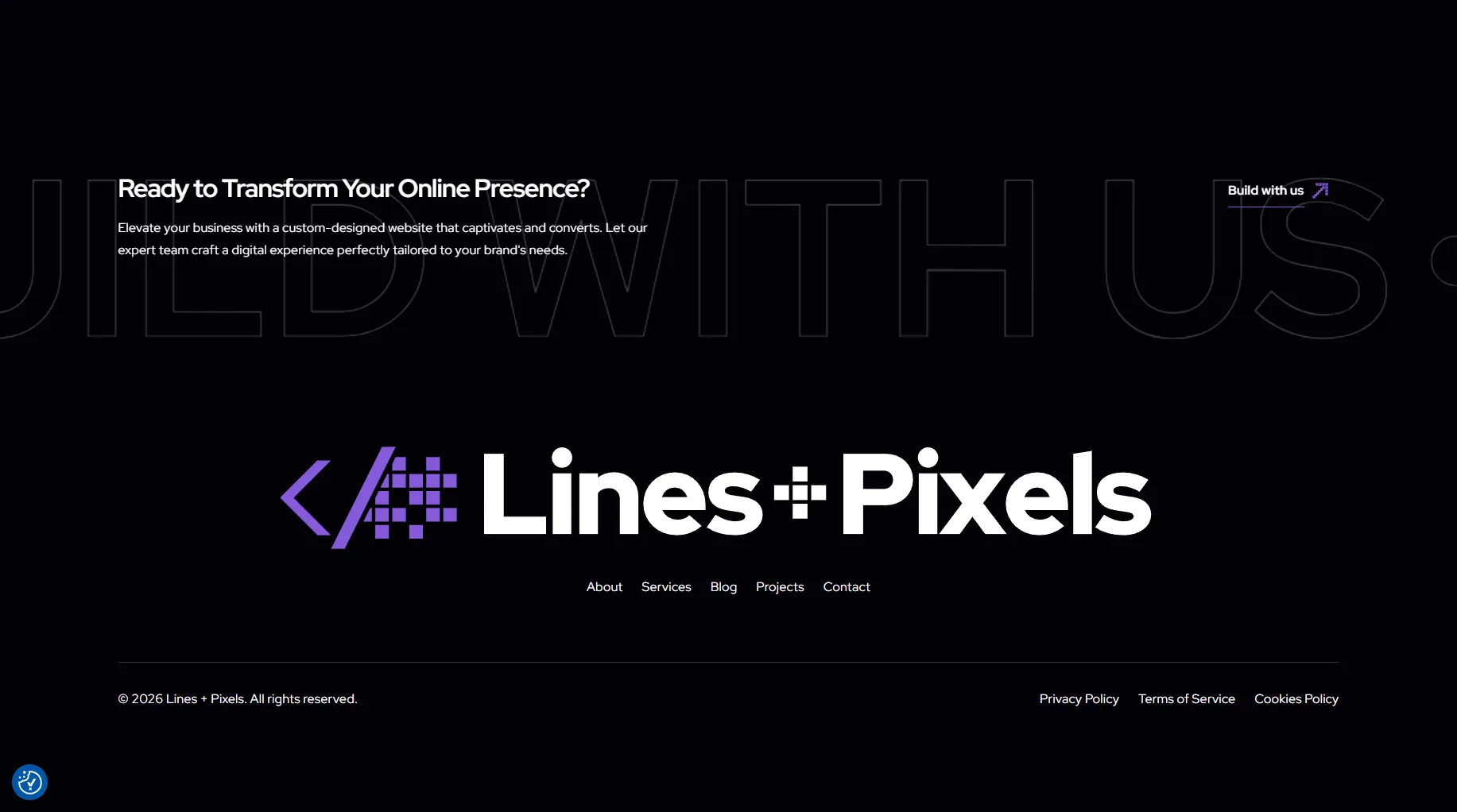 Lines + Pixels footer with a call to transform an online presence