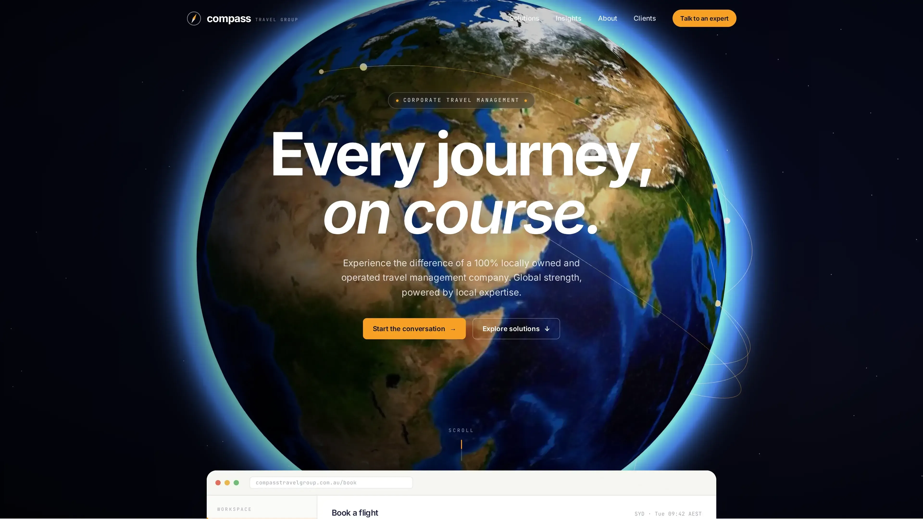 Compass Travel Group hero, a glowing 3D globe behind the headline Every journey, on course
