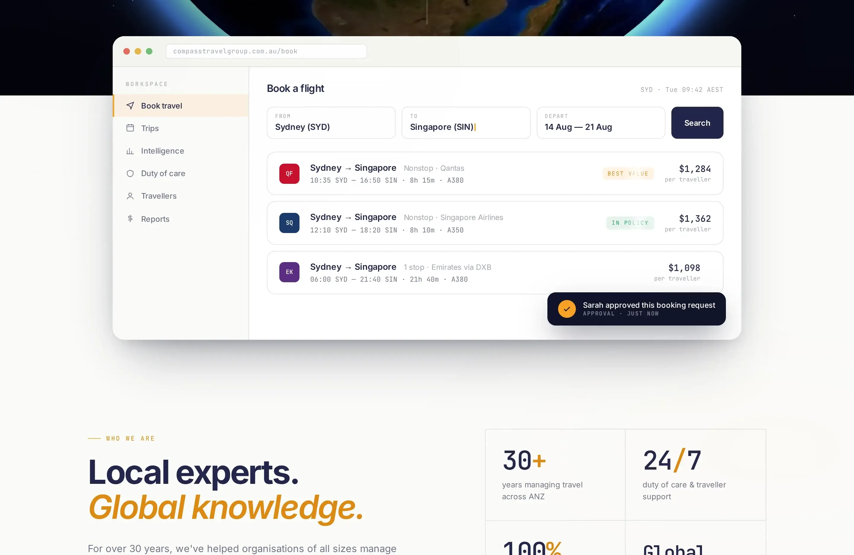 Mock Compass booking dashboard showing Sydney to Singapore flight options