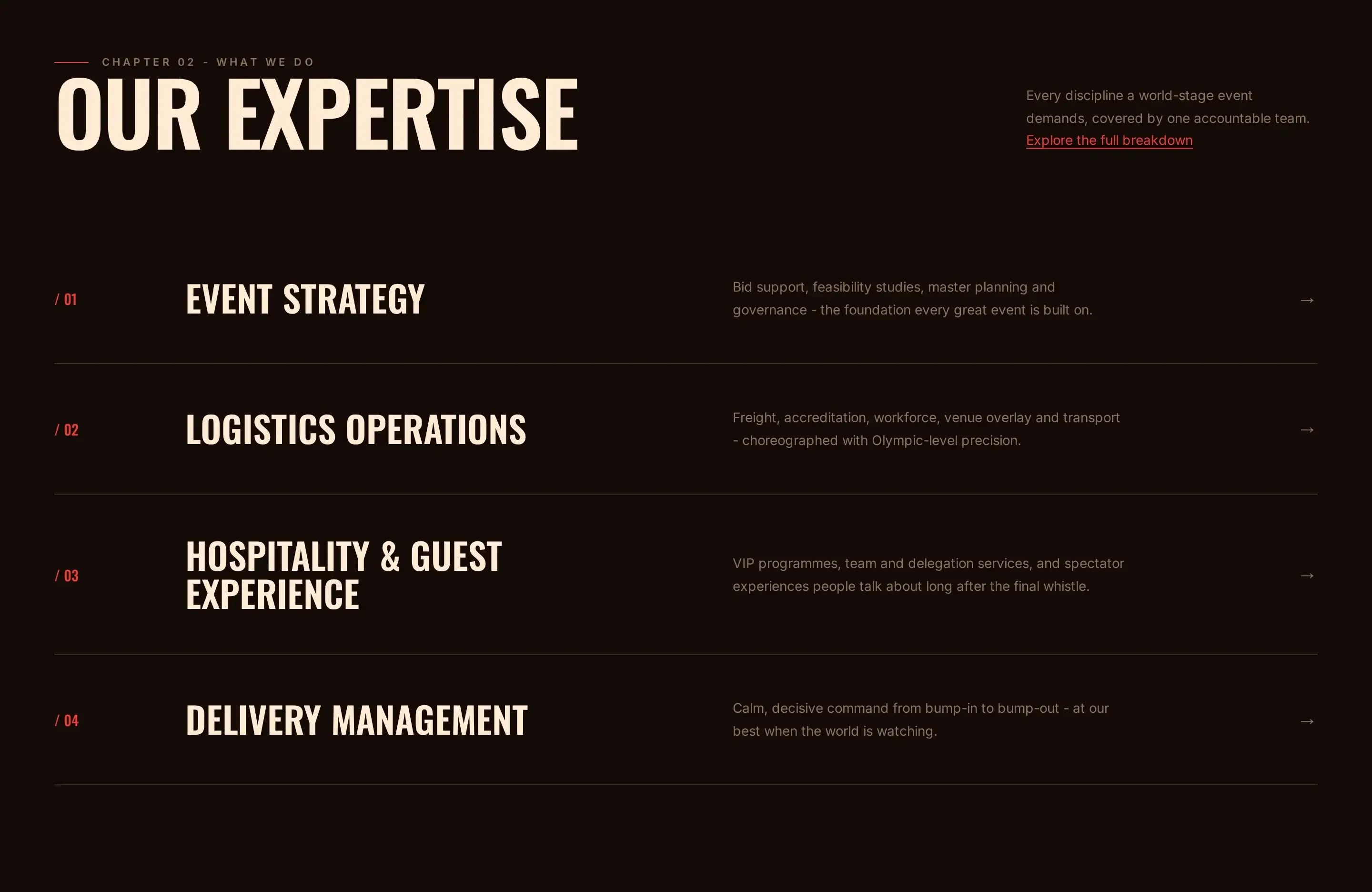 Our Expertise, four numbered service rows from event strategy to delivery management