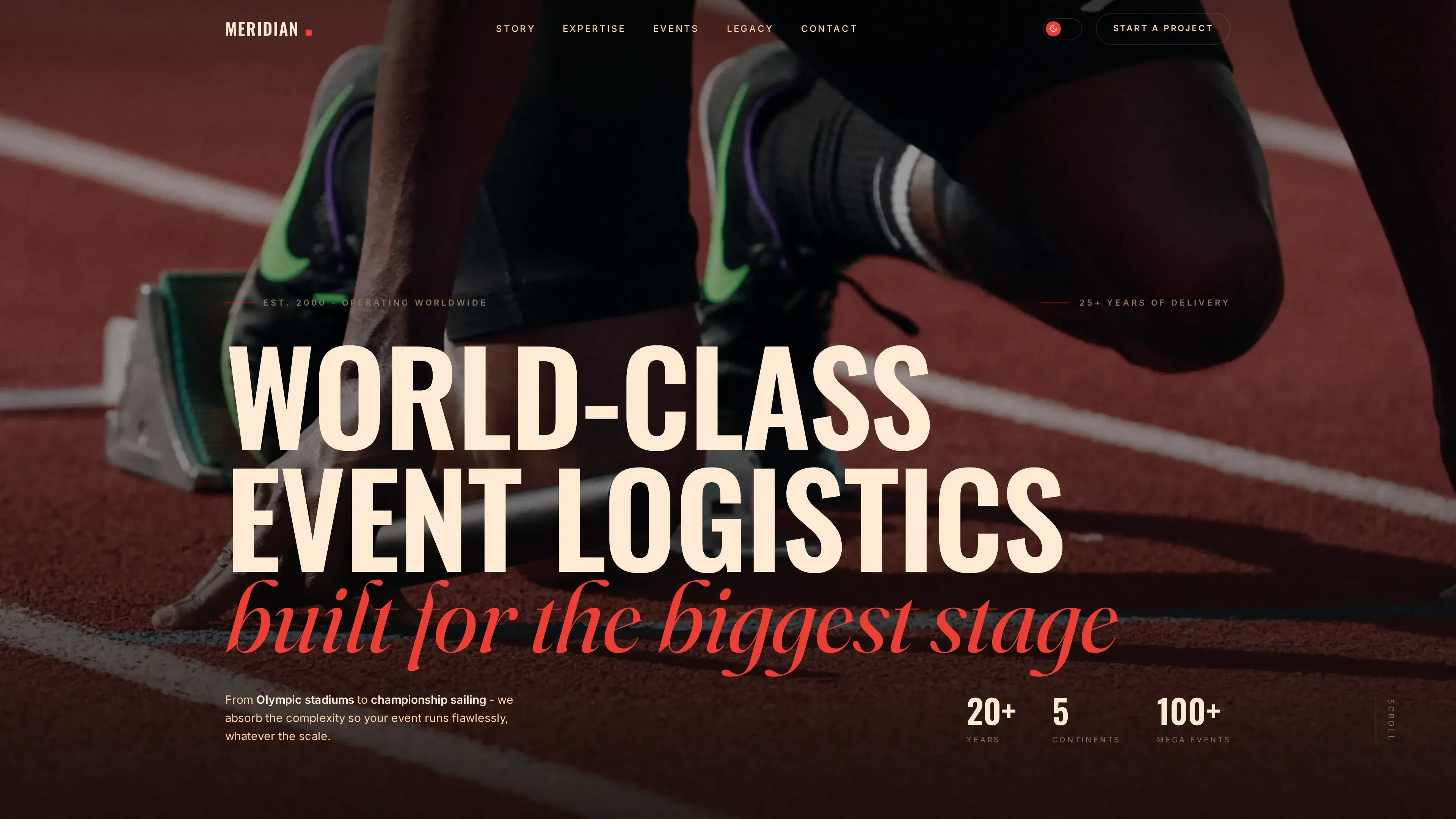 Meridian Events hero, world-class event logistics, over a sprinter in the starting blocks