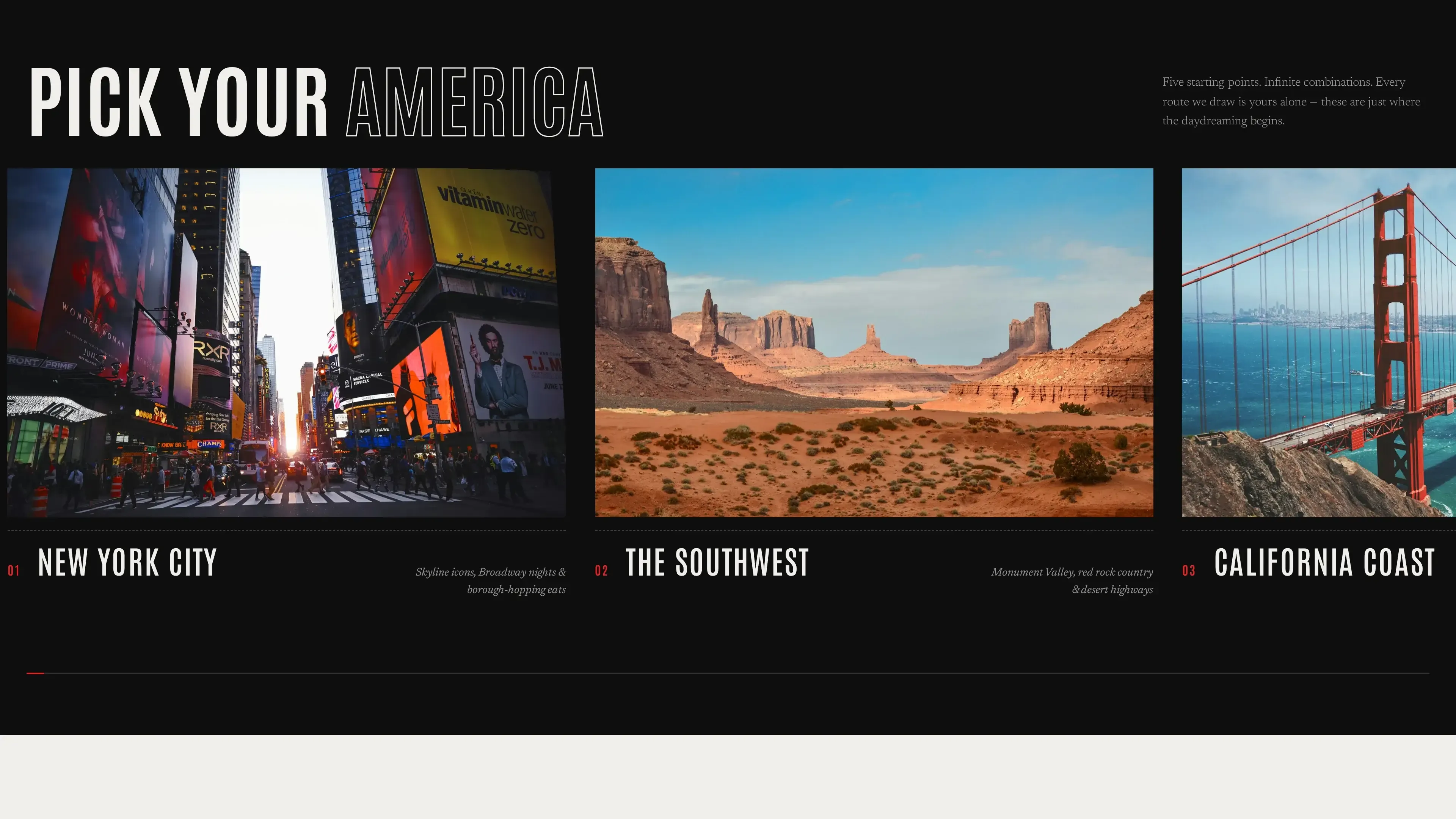 Pick your America, a horizontal rail of region cards from New York City to the California Coast