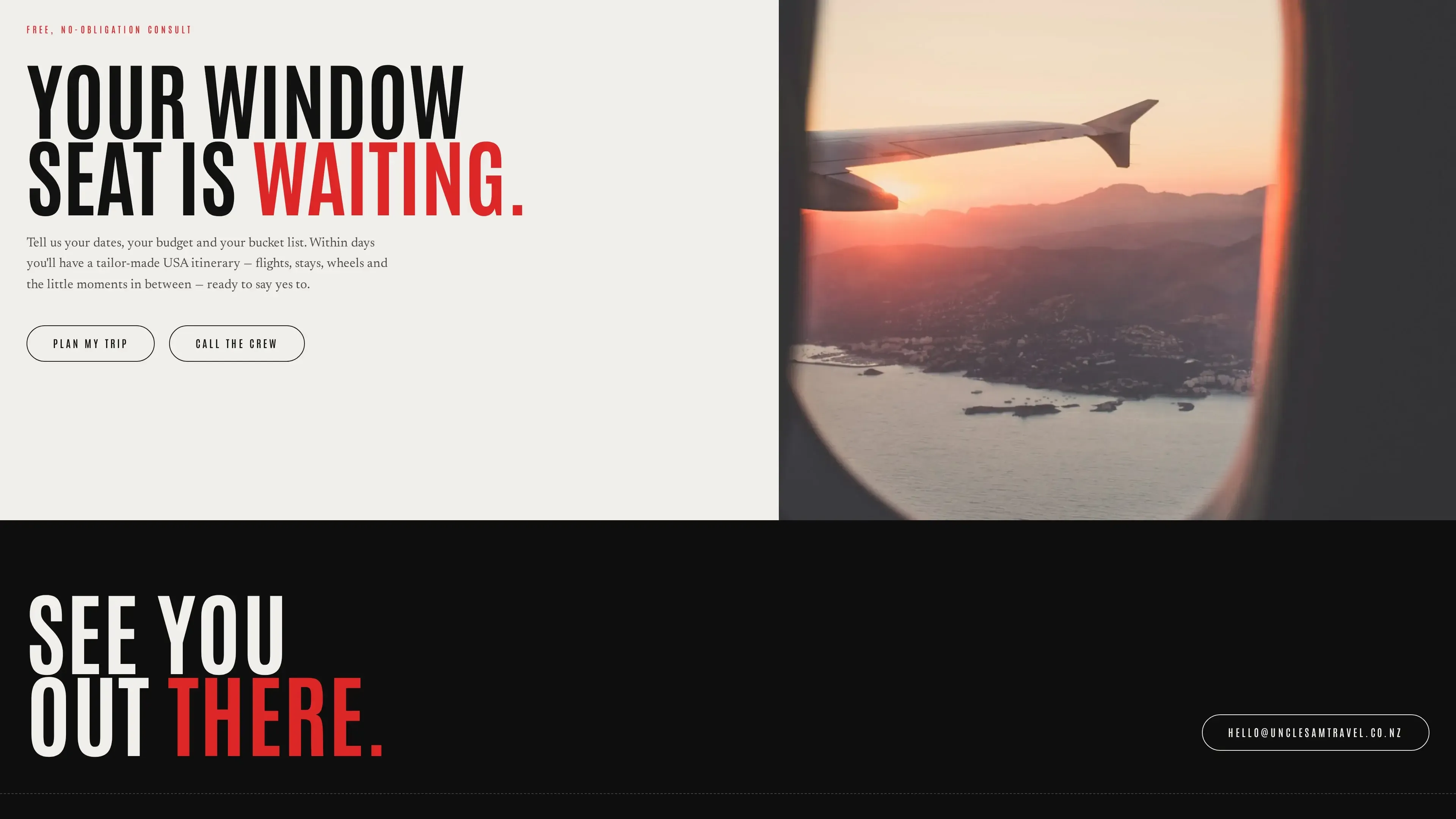 Your window seat is waiting, a call to action beside a plane window at sunset