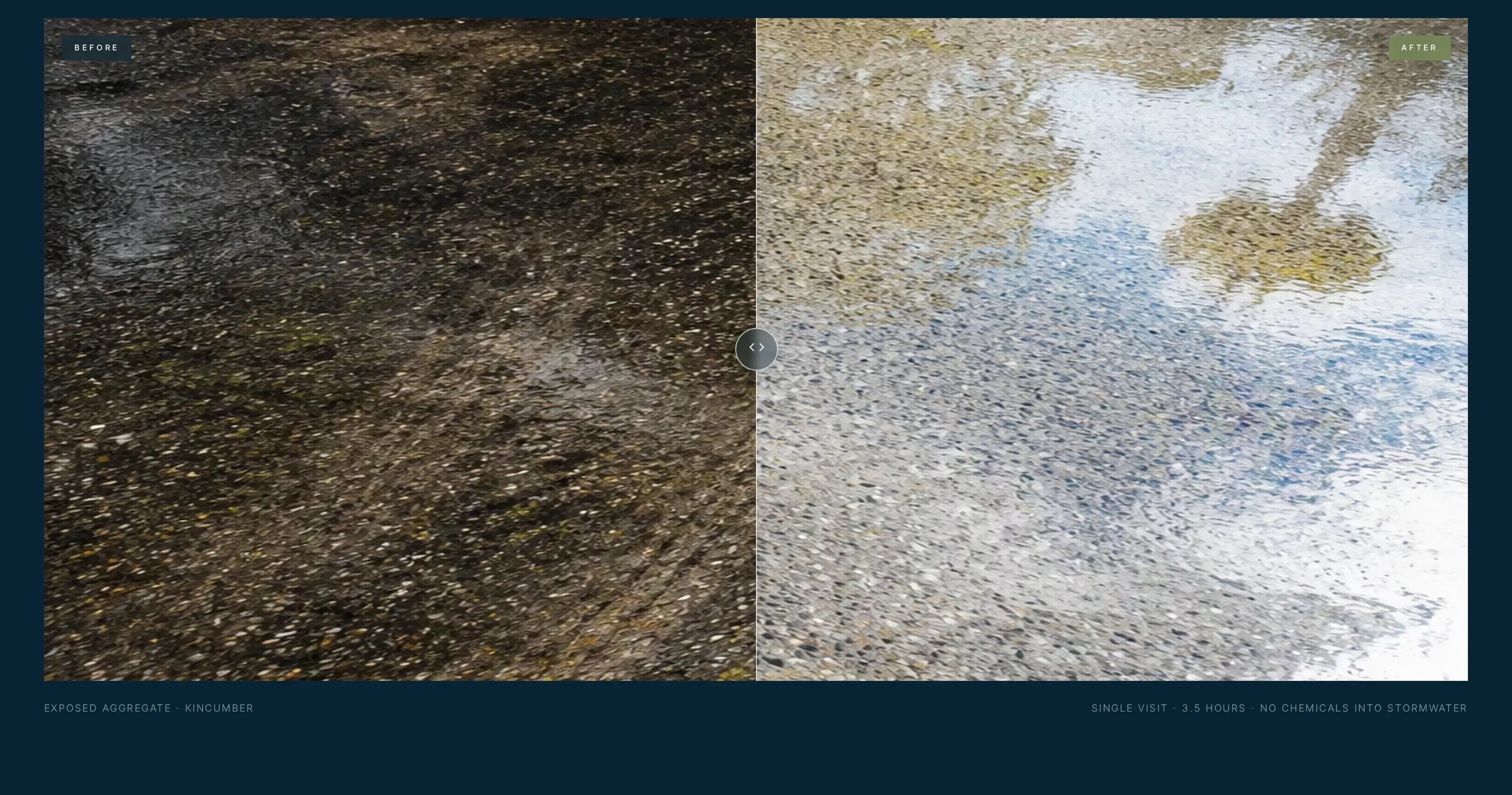 Before and after comparison of a driveway, split by a draggable line