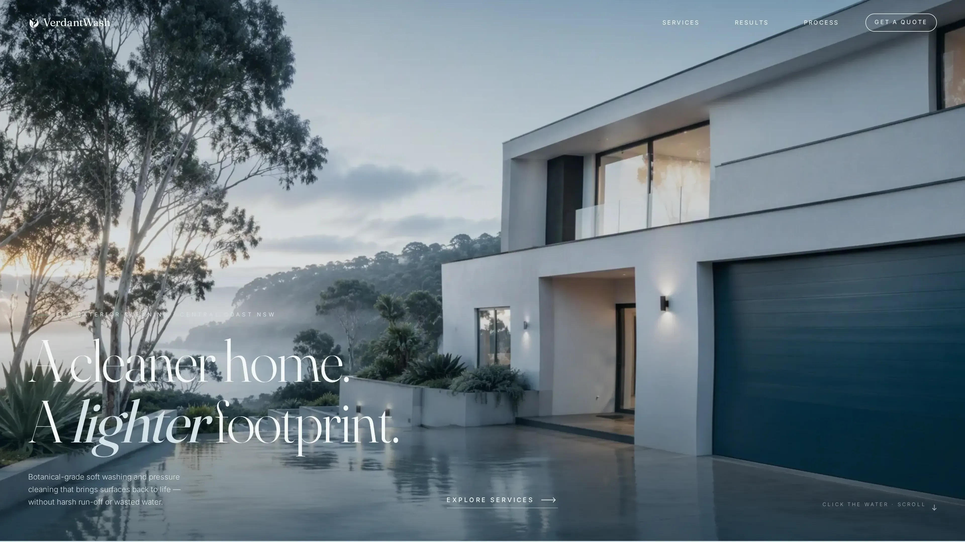 VerdantWash hero, a modern white house with a wet reflective driveway at dusk