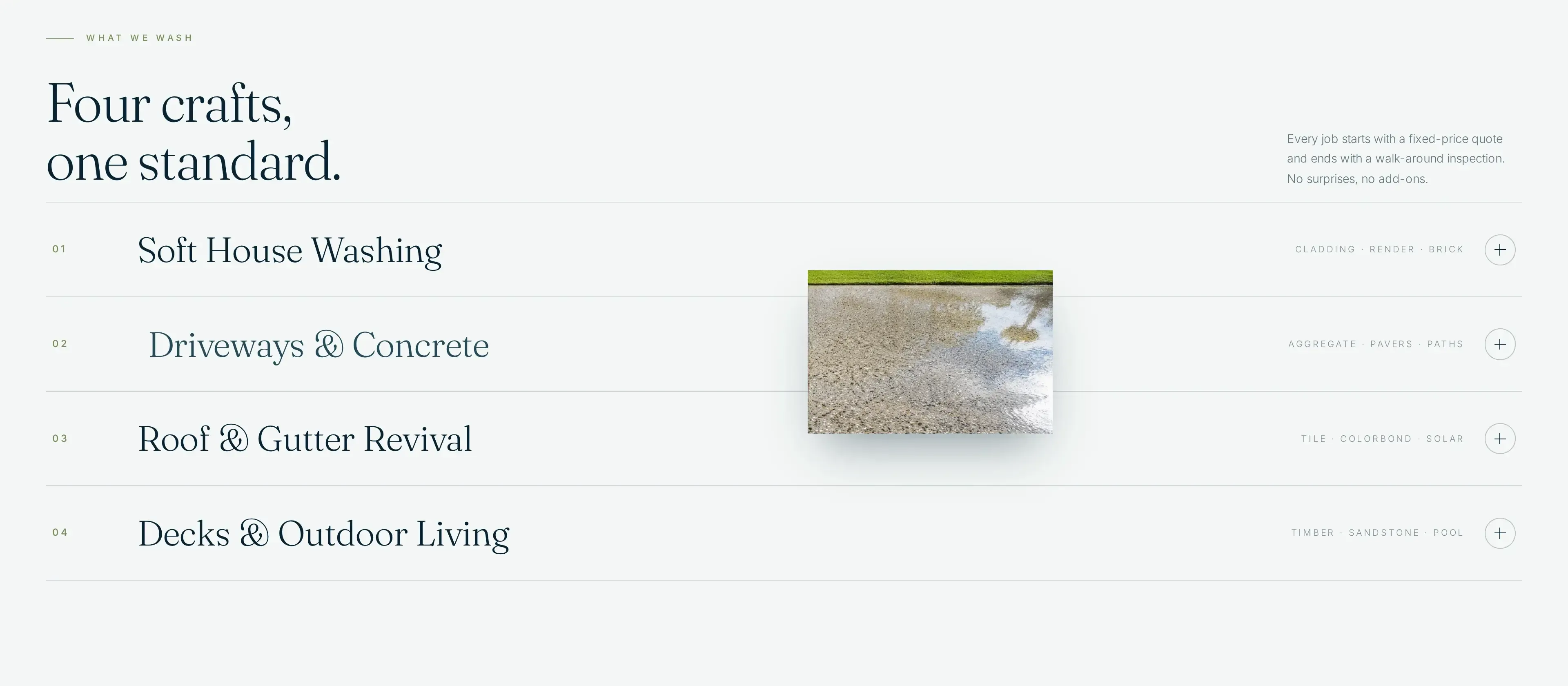 Four service rows for house washing, driveways, roofs and gutters, and outdoor living